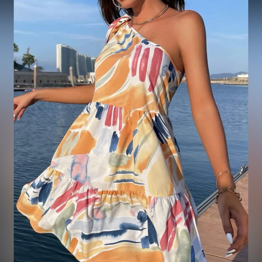 Boho one shoulder watercolor print ruffle hem dress - Picture 4 of 7